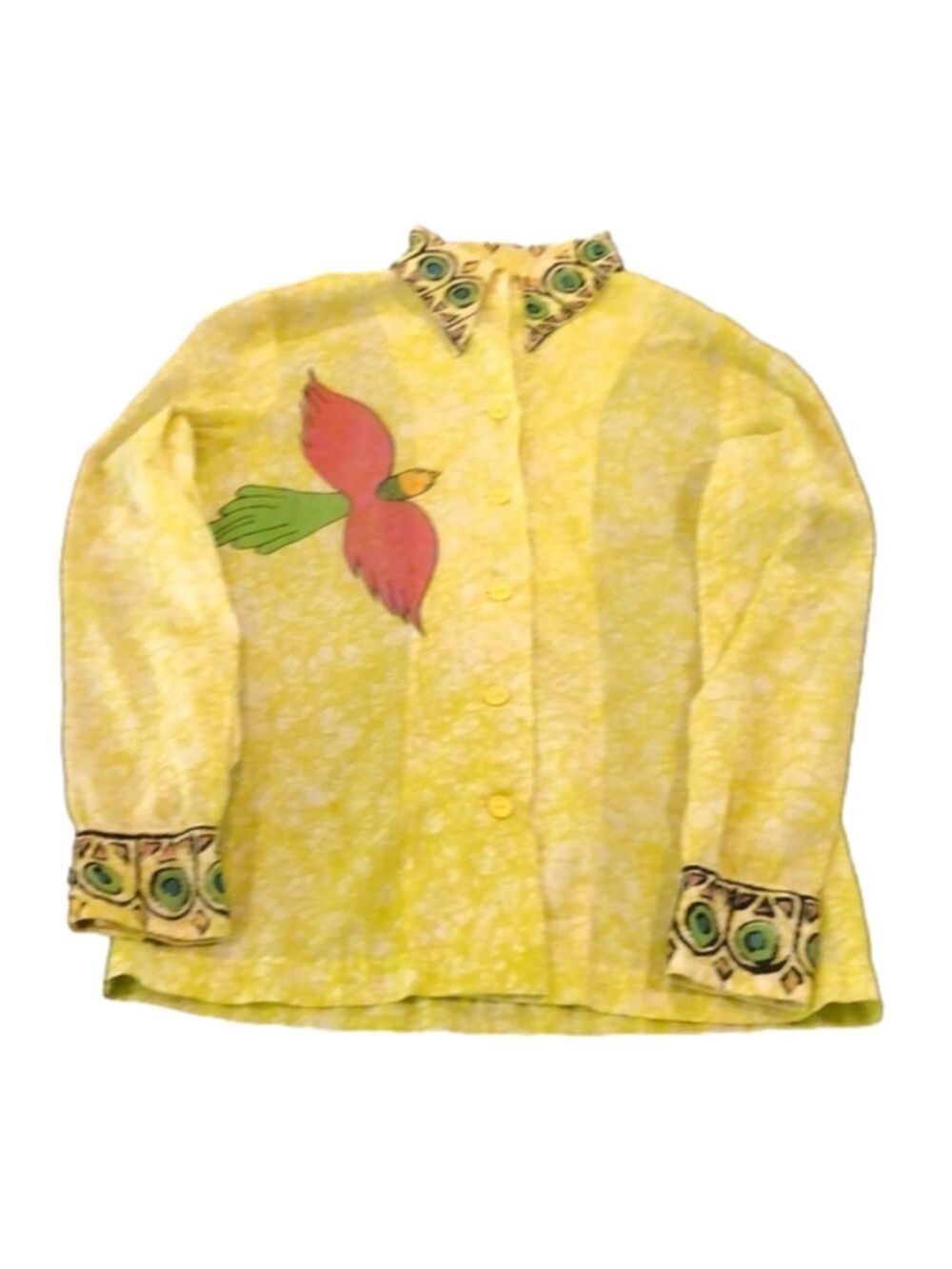 𝅺VINTAGE yellow blouse with colorful bird. Wearable art unique Size 3/4